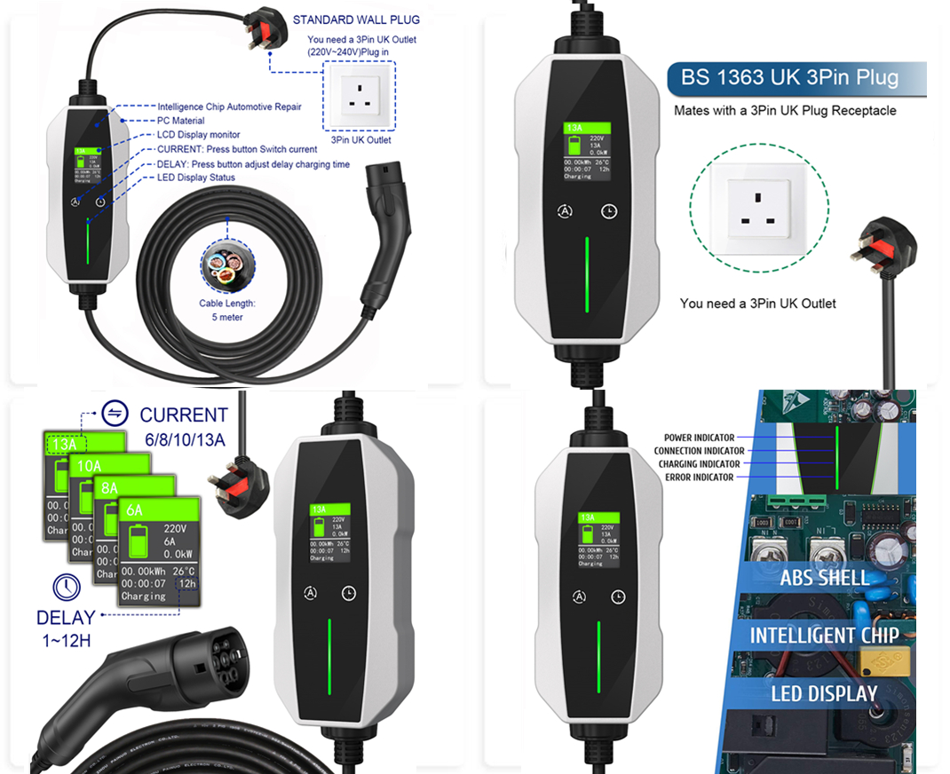 Китай Портативное зарядное устройство для электромобилей 13A типа 2,  фабрика и производители домашних зарядных устройств с вилкой Великобритании  уровня 2 |МИДА